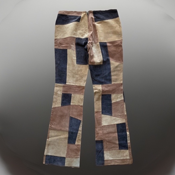 MISDEMEANOR Women's 7/8 Brown Beige Black Leather Patchwork Boho Hippie Pants - Picture 4 of 12